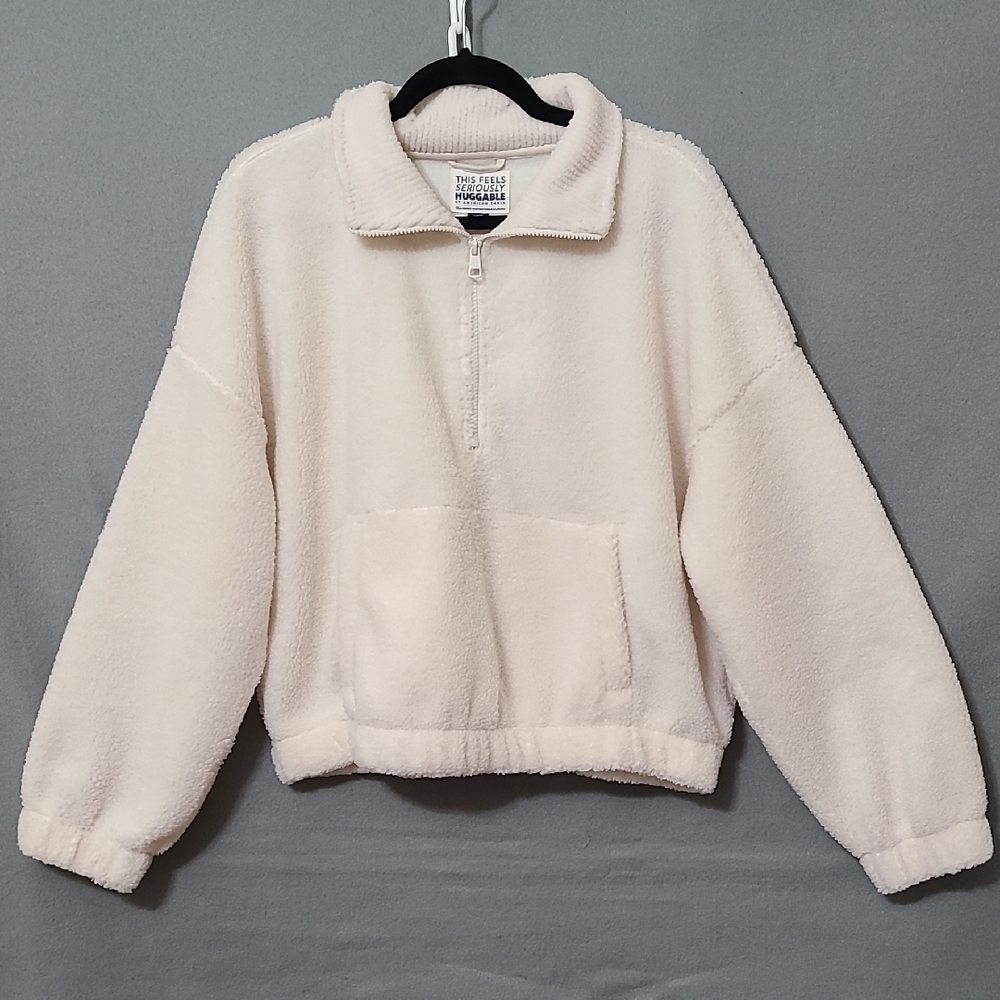 AMERICAN EAGLE OUTFITTERS Cream Fleece Quarter-Zip Pullover Sweater - Size Large